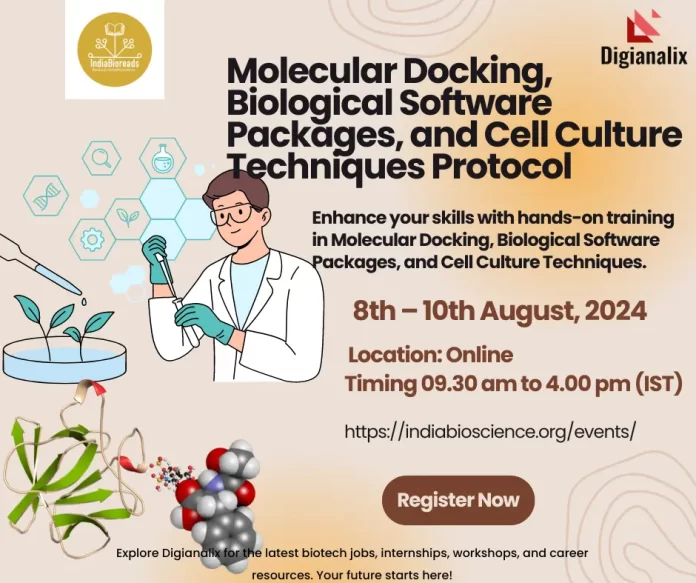 Poster for Molecular Docking, Biological Software Packages, and Cell Culture Techniques Protocol Workshop - Register Now