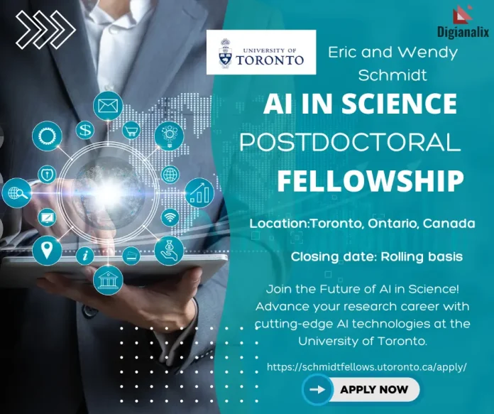 Poster for Eric and Wendy Schmidt AI in Science Postdoctoral Fellowship at the University of Toronto, Apply Now