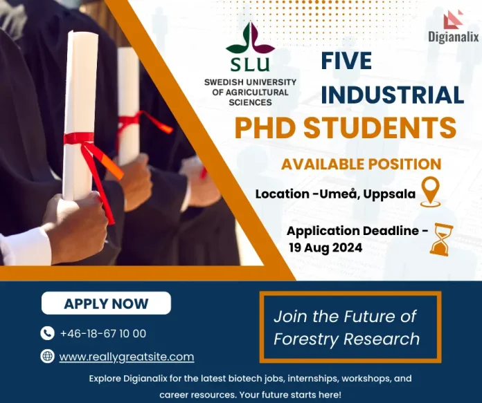 Poster for Five Industrial PhD Positions at Swedish University of Agricultural Sciences in Umeå and Uppsala, Apply by 19 Aug 2024