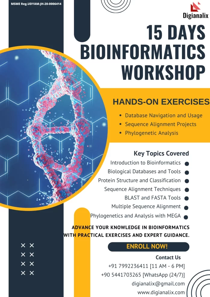 Unlock the Secrets of Life with our 15-Day Bioinformatics Workshop. Learn essential skills in bioinformatics, including sequence alignment, protein structure analysis, and phylogenetic analysis with hands-on exercises.