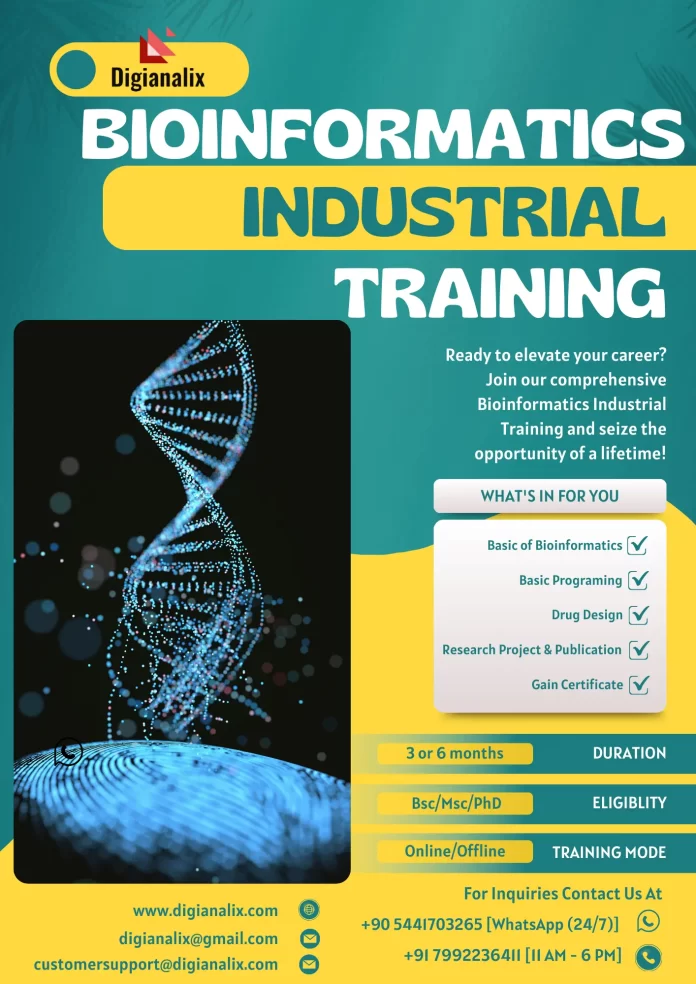 Bioinformatics Industrial Training: 3-6 month programs in Bioinformatics, covering Insilico Analysis, Molecular Docking, ADMET Prediction, and more. Certification upon completion.