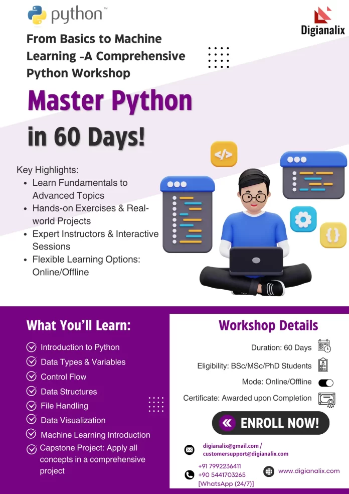 Comprehensive 60-Day Python Workshop: Learn Python fundamentals, data visualization, and machine learning. Tailored for BSc, MSc, and PhD students.