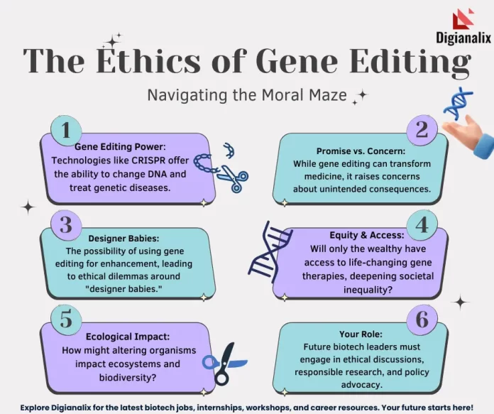 illustrating the ethical concerns and potential of gene editing, highlighting frameworks for moral decision-making in the biotech industry.