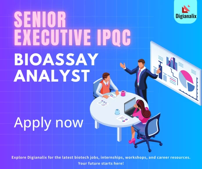 Senior Executive IPQC performing bioassay analysis in a laboratory at Syngene International, Bangalore.